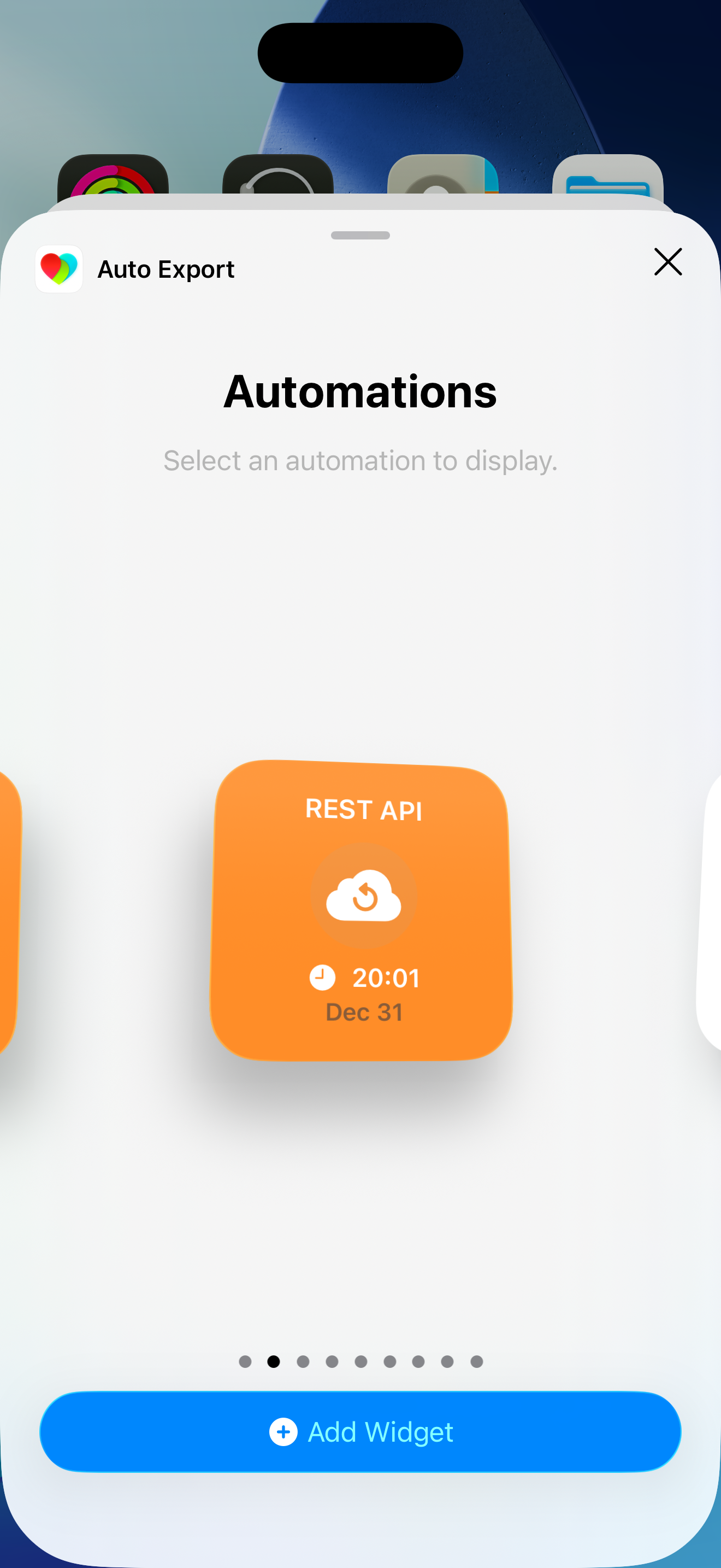 Automations screen showing automation cards and Add Widget button