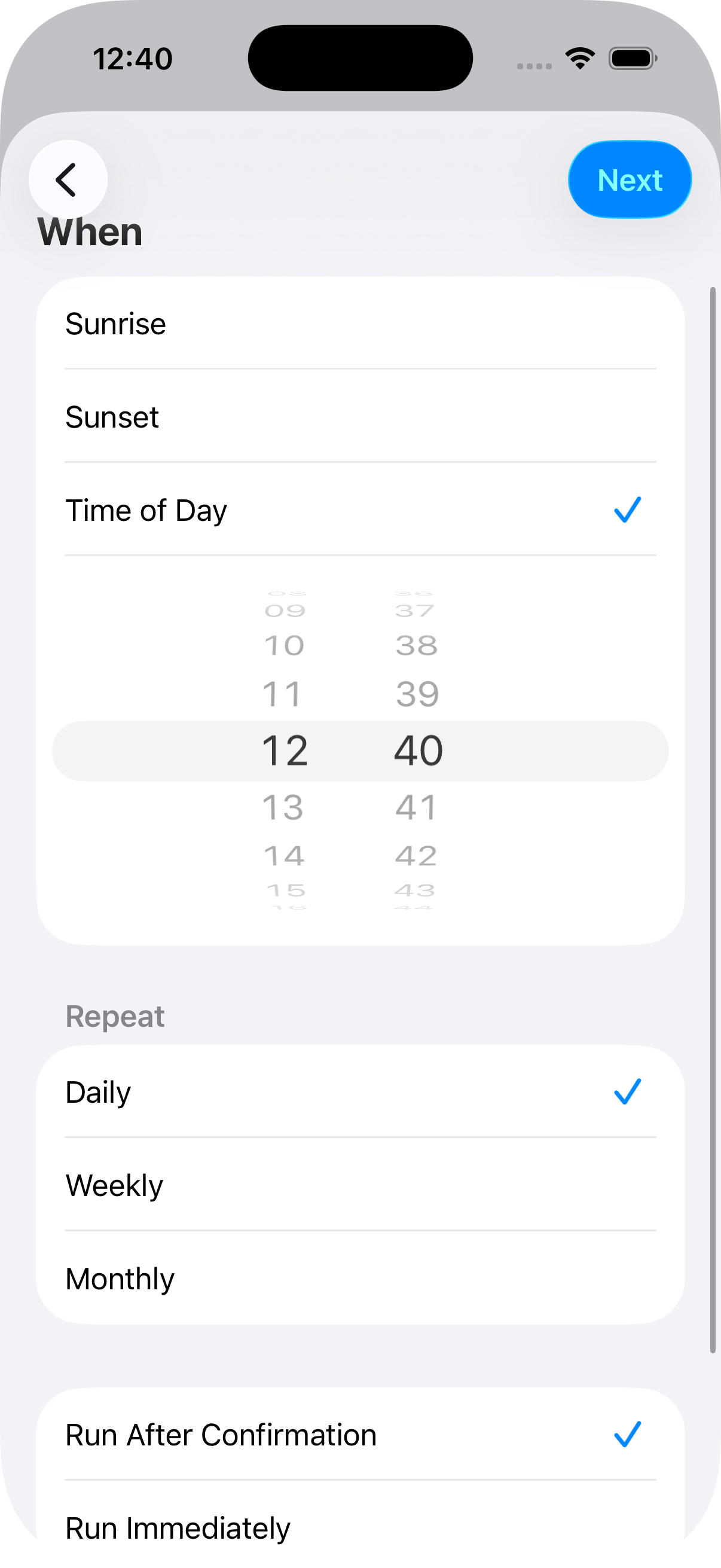 Nastavení spouštěče Denní doba v aplikaci Shortcuts