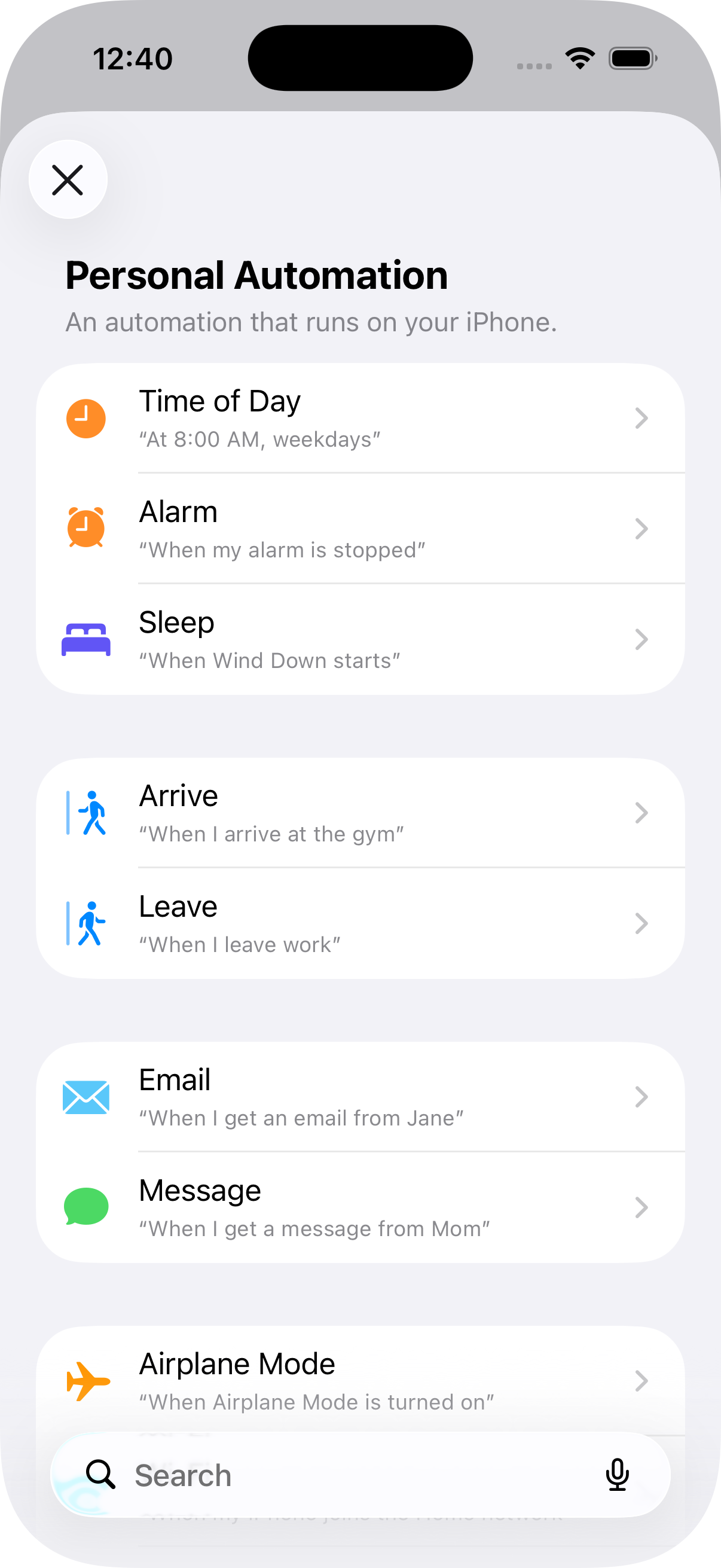 Seznam dostupných spouštěčů osobní automatizace v aplikaci Shortcuts