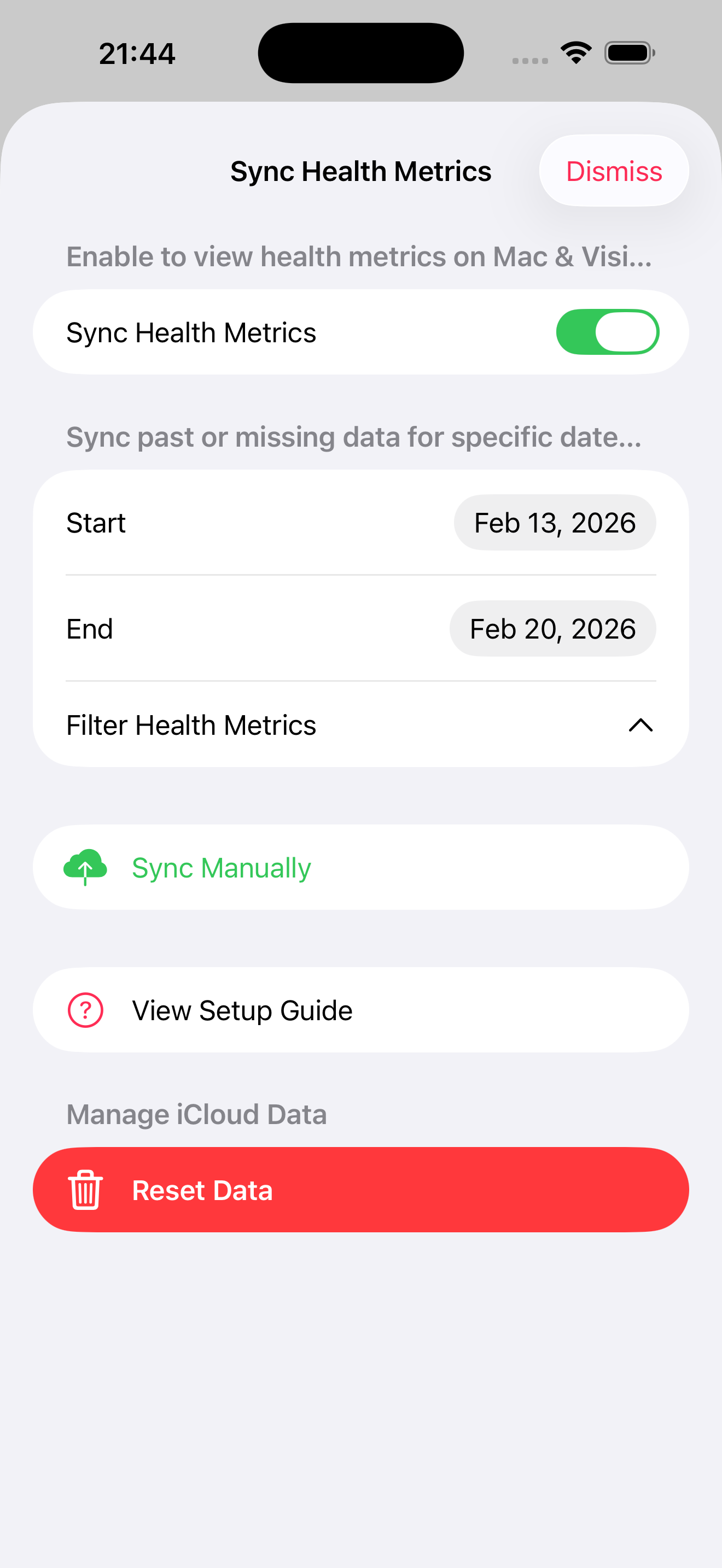 Sync Health Metrics screen with toggle, date range, Filter Health Metrics, Sync Manually, and View Setup Guide