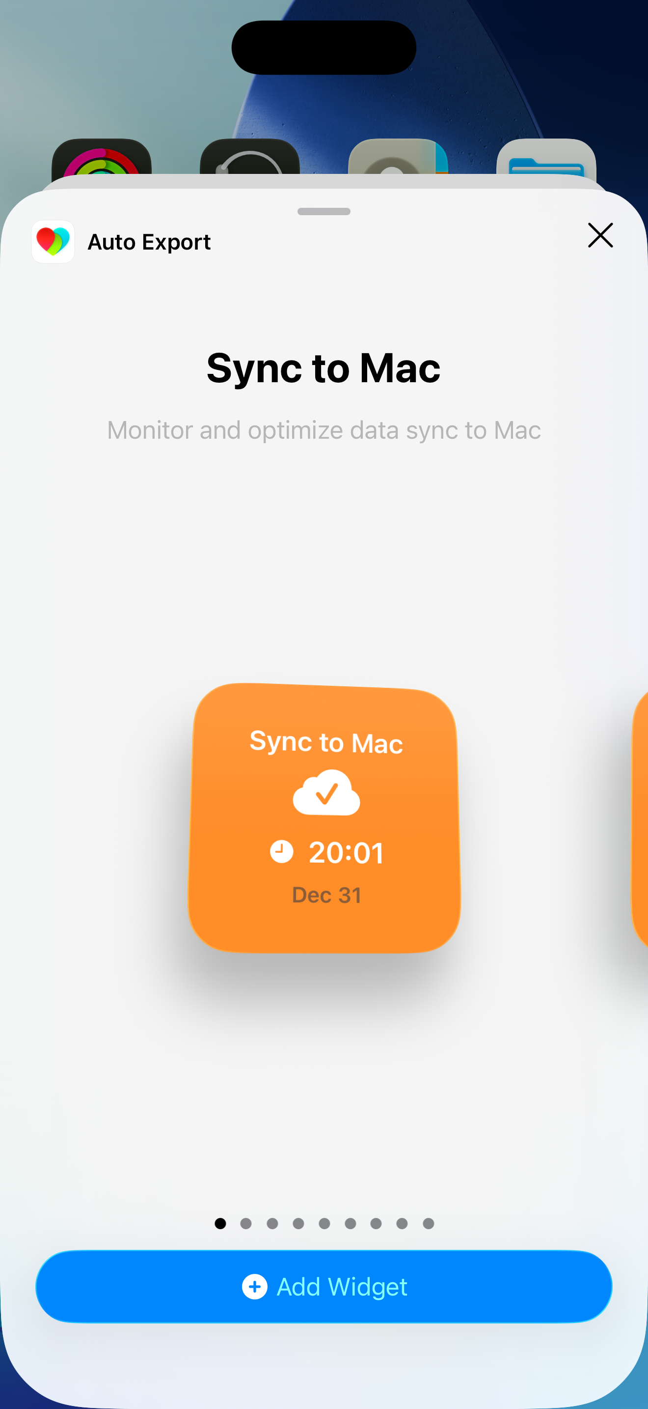 Sync to Mac widget in Add Widget sheet with widget preview and Add Widget button